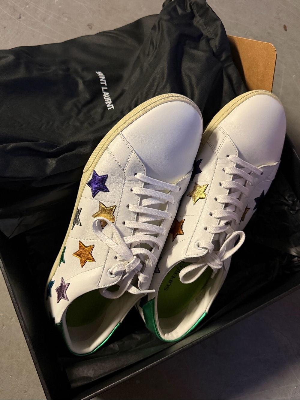 Saint Laurent White Leather Sneakers with Multicolor Star Appliqués